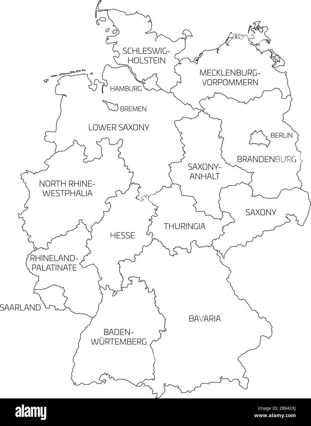 La mappa della Germania si è deviata a 13 stati federali e a 3 città-stati - Berlino, Brema e Amburgo, Europa. Semplice mappa vettoriale bianca piatta con contorni ed etichette nere. Illustrazione Vettoriale