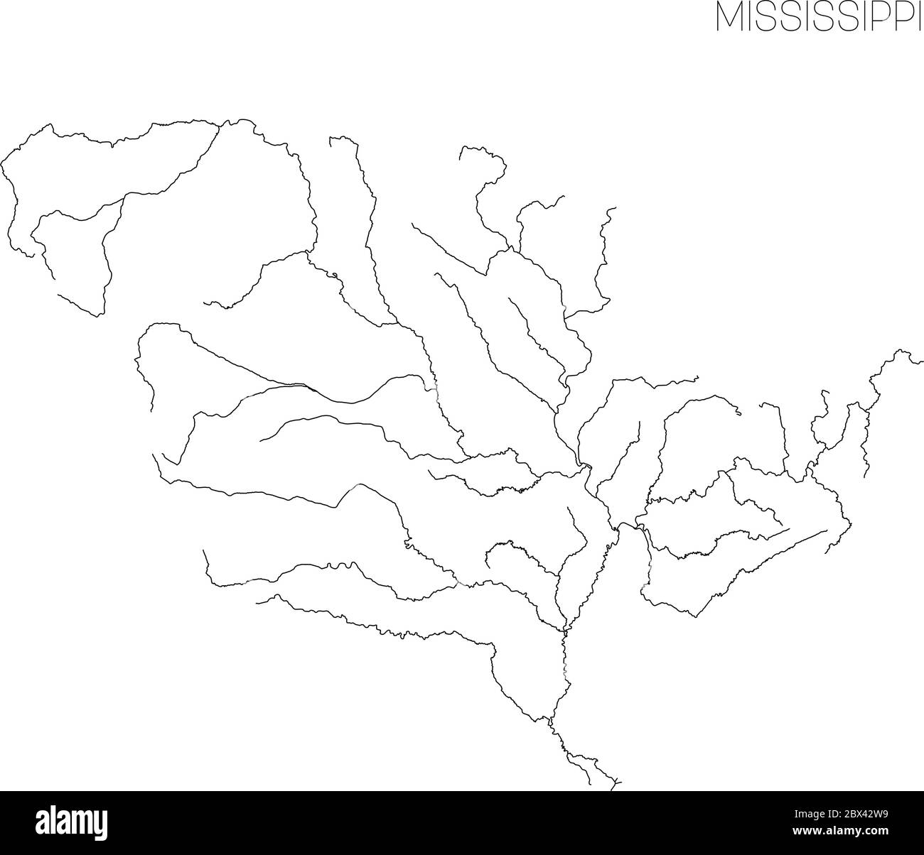 Mappa del bacino idrografico del Mississippi. Semplice illustrazione vettoriale a contorno sottile. Illustrazione Vettoriale
