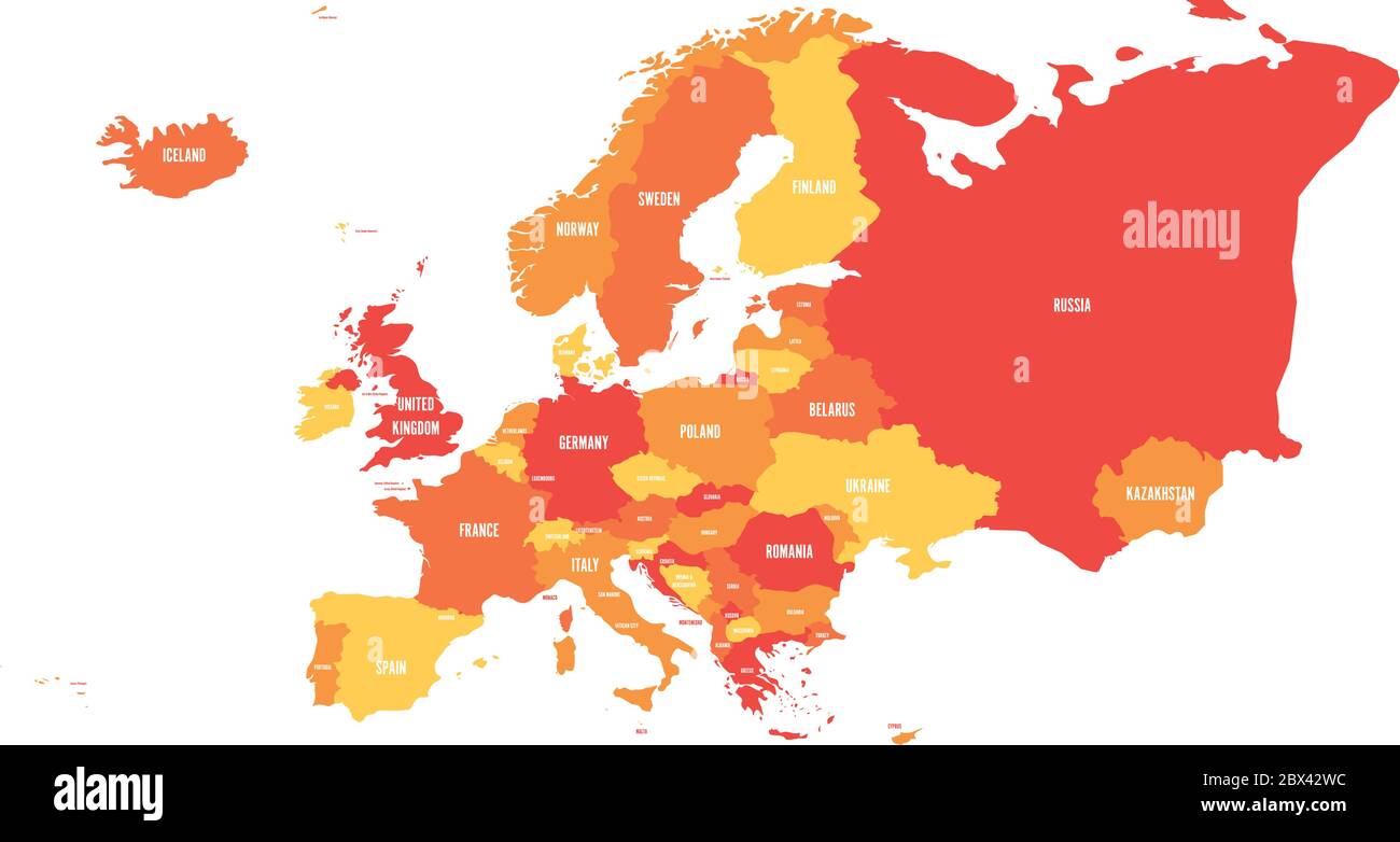 Mappa politica del continente europeo in quattro tonalità di arancio con etichette bianche e isolate su sfondo bianco. Illustrazione vettoriale. Illustrazione Vettoriale