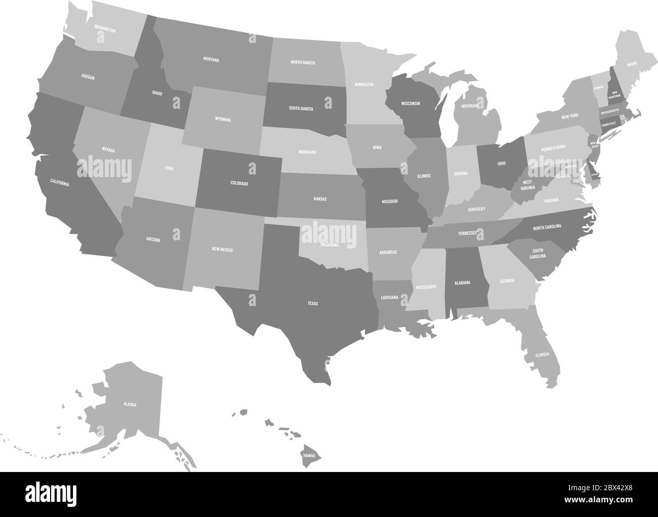 Mappa politica degli Stati Uniti d'America, USA. Semplice mappa vettoriale piatta in quattro tonalità di grigio con etichette bianche sui nomi di stato su sfondo bianco. Illustrazione Vettoriale