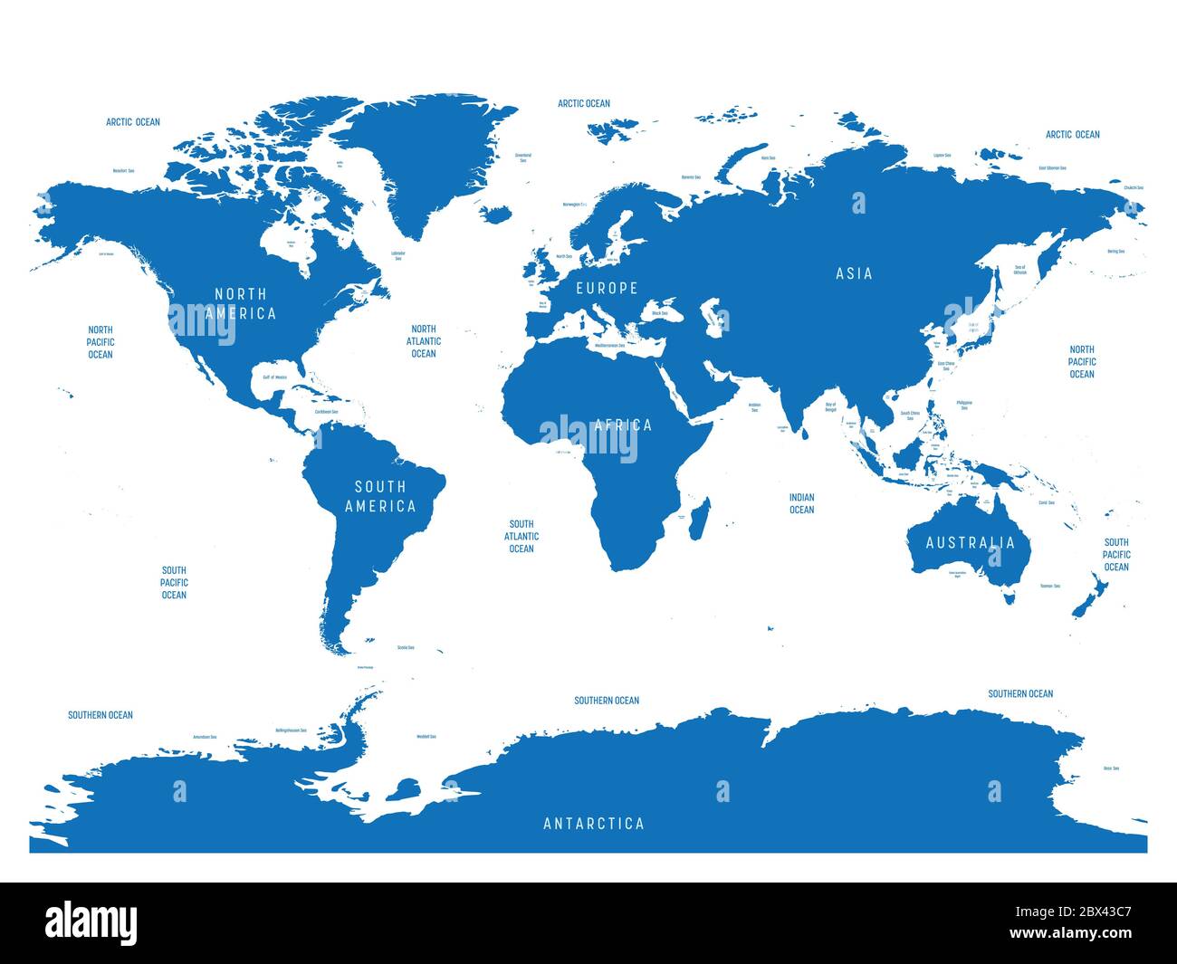 Mappa oceanografica del mondo con etichette di oceani, mari, golfi, baie e  stretti. Mappa vettoriale con terre blu e acqua bianca Immagine e  Vettoriale - Alamy