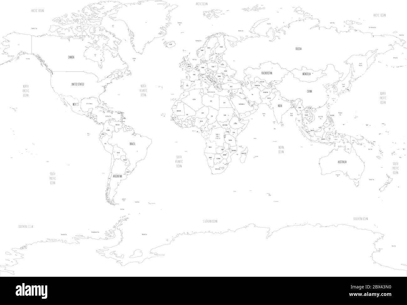 Mappa politica del mondo con le capitali dei paesi. Stile disegnato a mano. Illustrazione vettoriale. Illustrazione Vettoriale