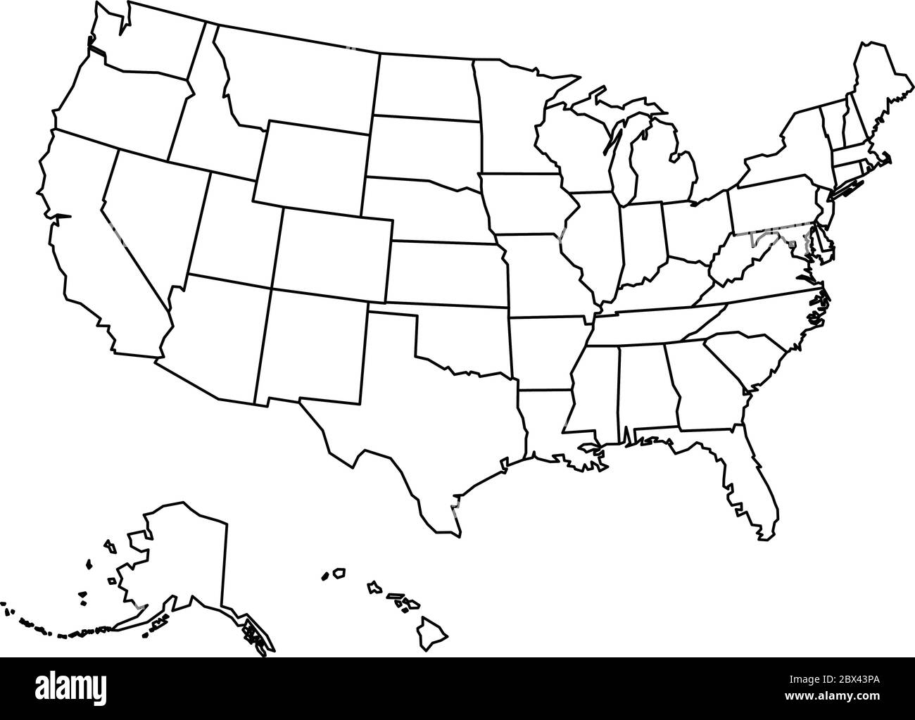 Mappa degli Stati Uniti d'America vuota. Mappa vettoriale semplificata con contorni neri spessi su sfondo bianco. Illustrazione Vettoriale