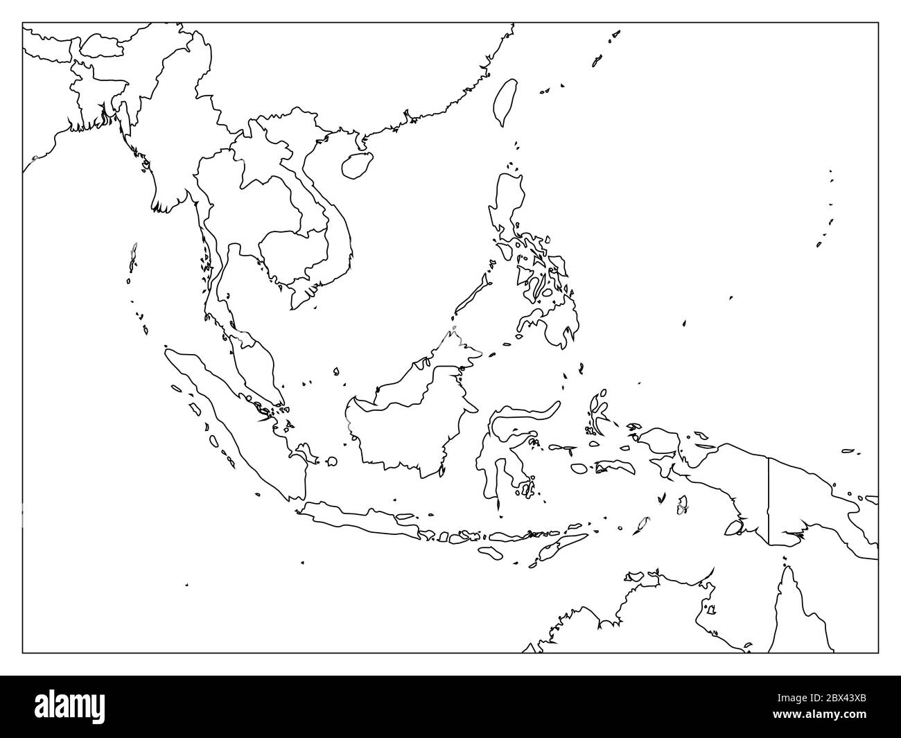 Mappa politica del Sud-Est asiatico. Contorno nero su sfondo bianco con etichette nere per il nome del paese. Semplice illustrazione vettoriale piatta. Illustrazione Vettoriale