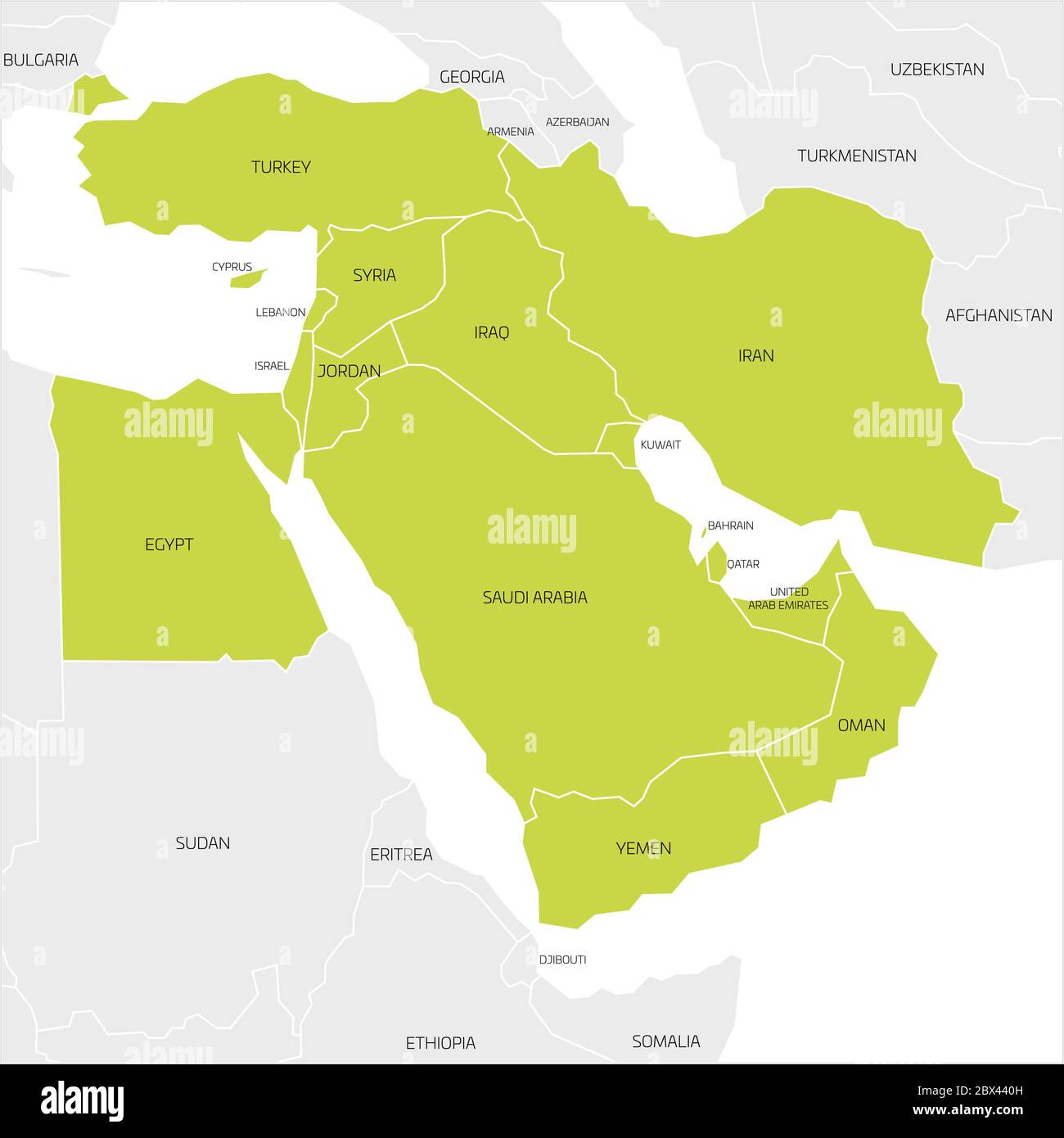 Mappa della regione transcontinentale del Medio Oriente o del Vicino Oriente con i paesi dell'Asia occidentale evidenziati in verde, Turchia, Cipro ed Egitto. Mappa piatta con bordi bianchi sottili. Illustrazione Vettoriale