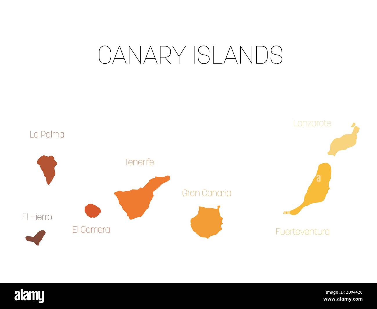 Mappa delle Isole Canarie, Spagna, con etichette di ogni isola - El Hierro, la Palma, la Gomera, Tenerife, Gran Canaria, Fuerteventura e Lanzarote. Silhouette vettoriale su sfondo bianco. Illustrazione Vettoriale