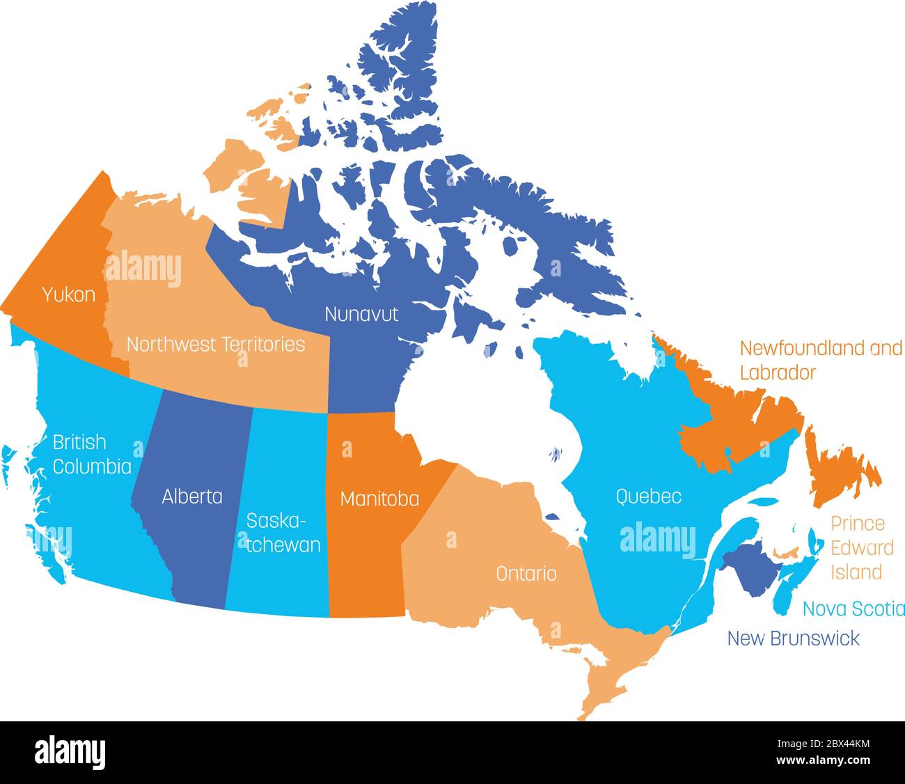 Mappa del Canada divisa in 10 province e 3 territori. Regioni amministrative del Canada. Mappa multicolore con etichette. Illustrazione vettoriale. Illustrazione Vettoriale