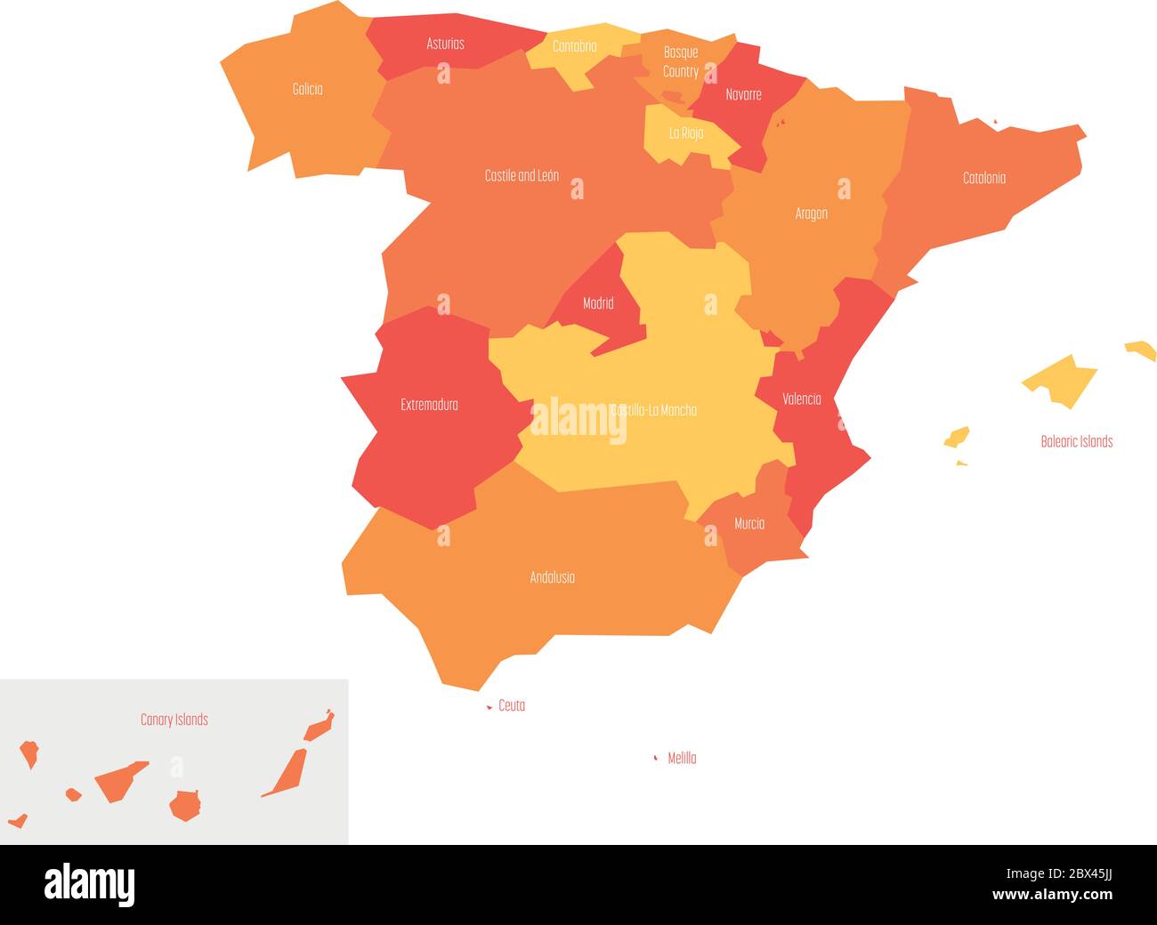 La carta della Spagna si è deviata a 17 comunità amministrative autonome. Semplice mappa vettoriale piatta in tonalità di arancione. Illustrazione Vettoriale