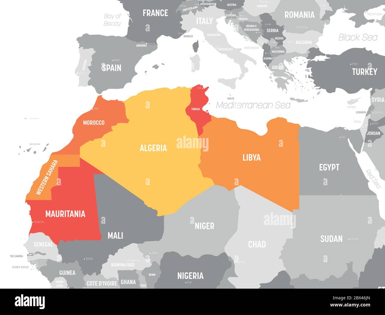 Mappa dei paesi del Maghreb - stati dell'Africa del Nord-Ovest. Illustrazione vettoriale. Illustrazione Vettoriale