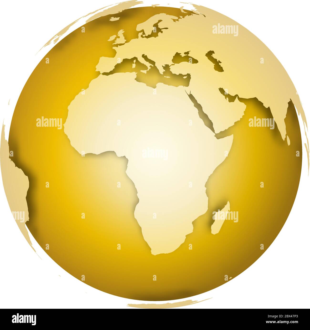 Globo della Terra d'Oro. Mappa del mondo 3D con terre metalliche che cadono ombre sulla superficie dorata. Illustrazione vettoriale. Illustrazione Vettoriale