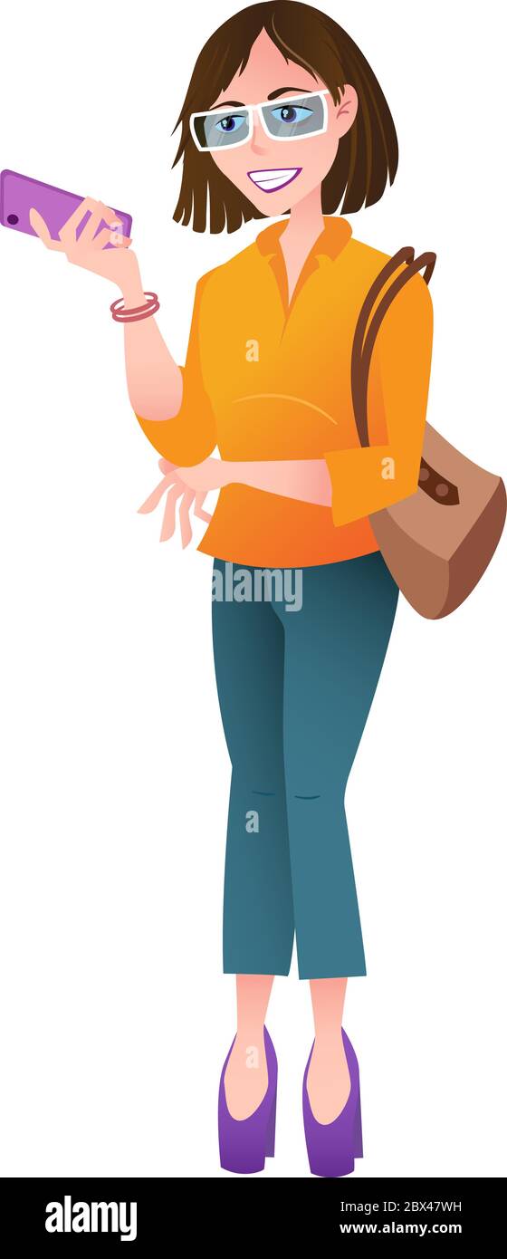 Bella giovane donna con il telefono cellulare si alza in abiti casual e borsa sulla spalla. Illustrazione vettoriale. Perfetto per l'uso nella pubblicità o noi Illustrazione Vettoriale