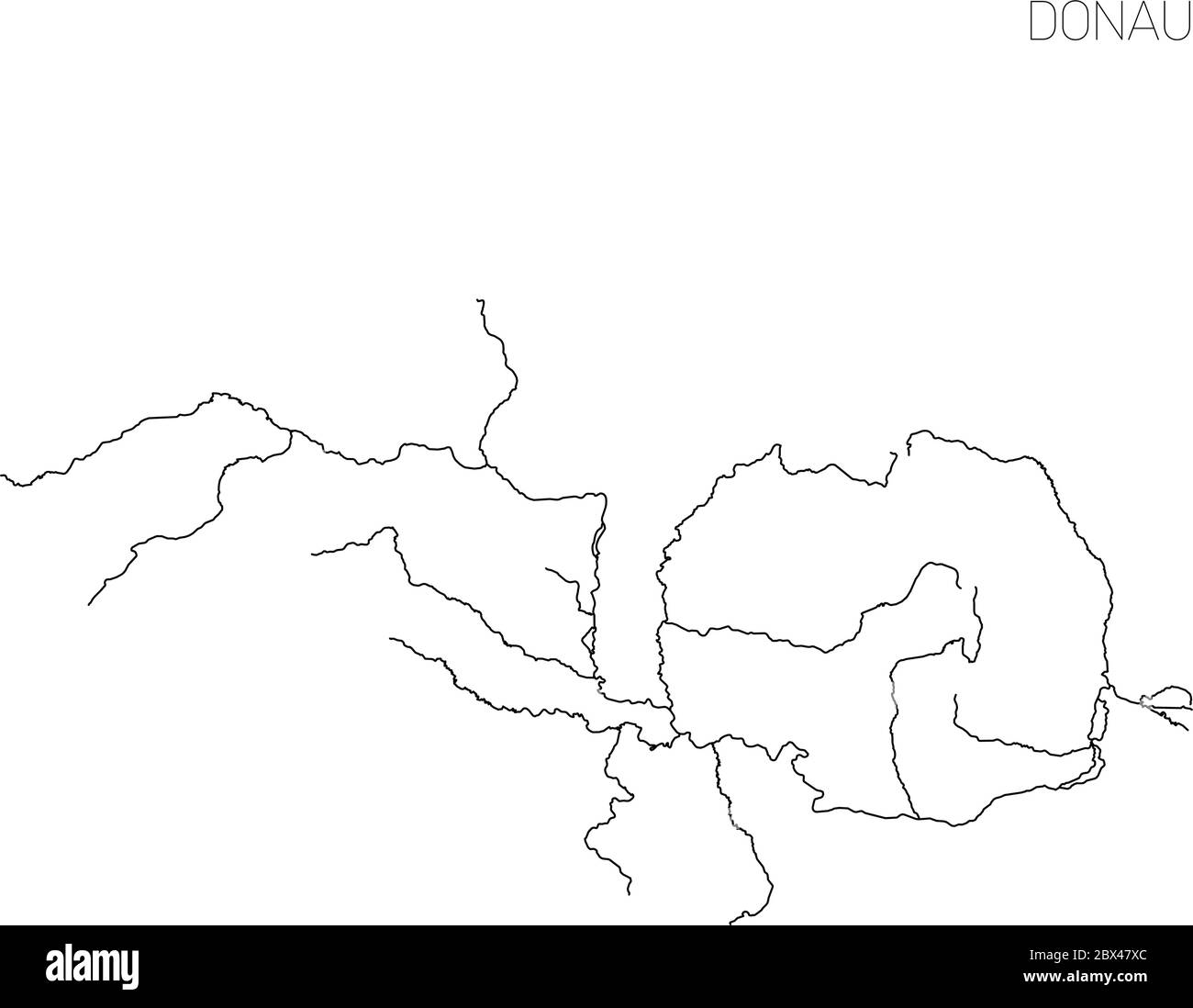 Mappa del bacino idrografico del fiume Donau. Semplice illustrazione vettoriale a contorno sottile. Illustrazione Vettoriale