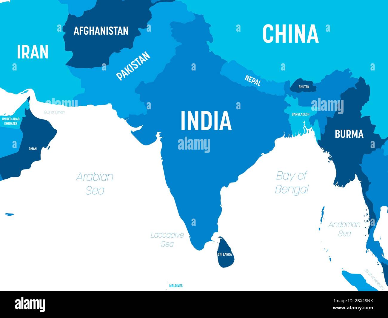 Mappa Asia meridionale - colore verde su sfondo scuro. Mappa politica dettagliata della regione del Sud asiatico e del subcontinente indiano con l'etichettatura dei nomi di paese, capitale, oceano e mare. Illustrazione Vettoriale