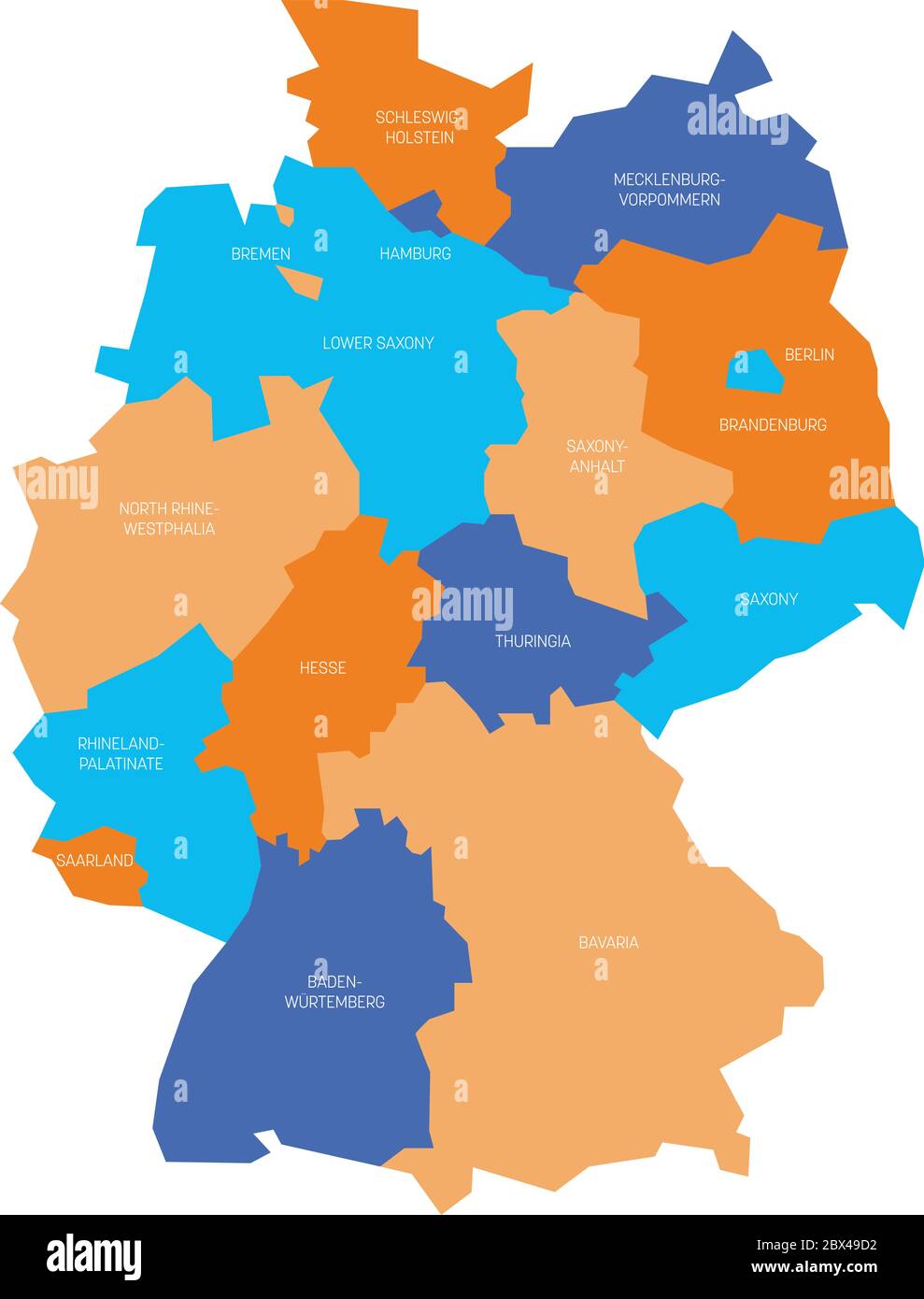 La mappa della Germania si è deviata a 13 stati federali e a 3 città-stati - Berlino, Brema e Amburgo, Europa. Semplice mappa vettoriale piatta in quattro colori con etichette bianche. Illustrazione Vettoriale