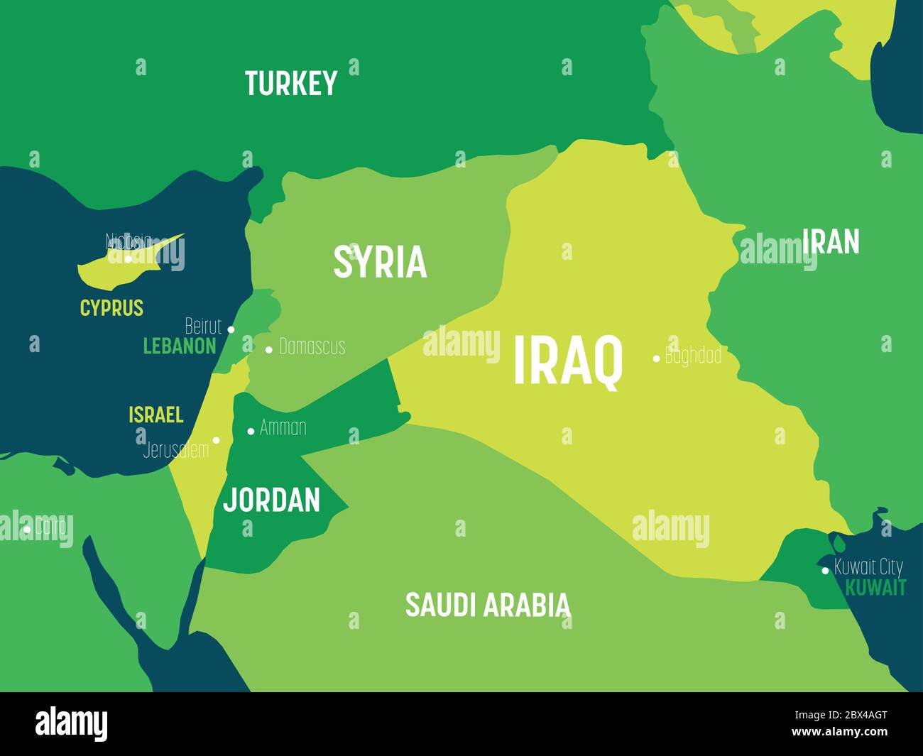 Mappa del Medio Oriente - colore verde su sfondo scuro. Mappa politica dettagliata del Medio Oriente e della regione della Penisola arabica con l'etichettatura dei nomi di paesi, capitali, oceani e mari. Illustrazione Vettoriale