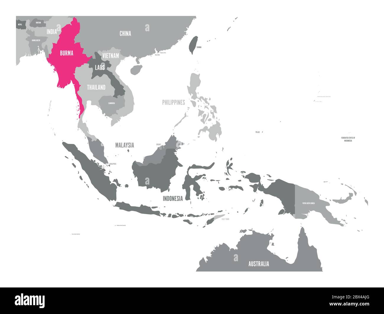 Mappa vettoriale della Birmania o del Myanmar. Rosa evidenziato nella regione del Sud-est asiatico. Illustrazione Vettoriale