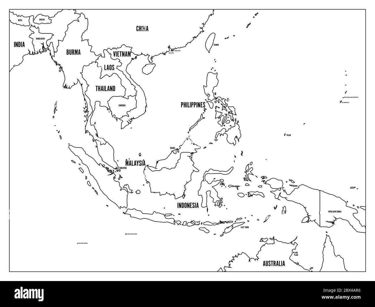 Mappa politica del Sud-Est asiatico. Contorno nero su sfondo bianco con etichette nere per il nome del paese. Semplice illustrazione vettoriale piatta. Illustrazione Vettoriale