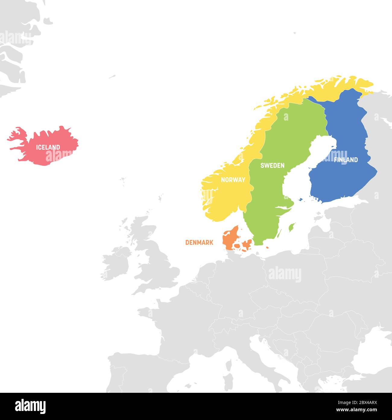 Regione Europa del Nord. Mappa colorata dei paesi della Scandinavia. Illustrazione vettoriale. Illustrazione Vettoriale
