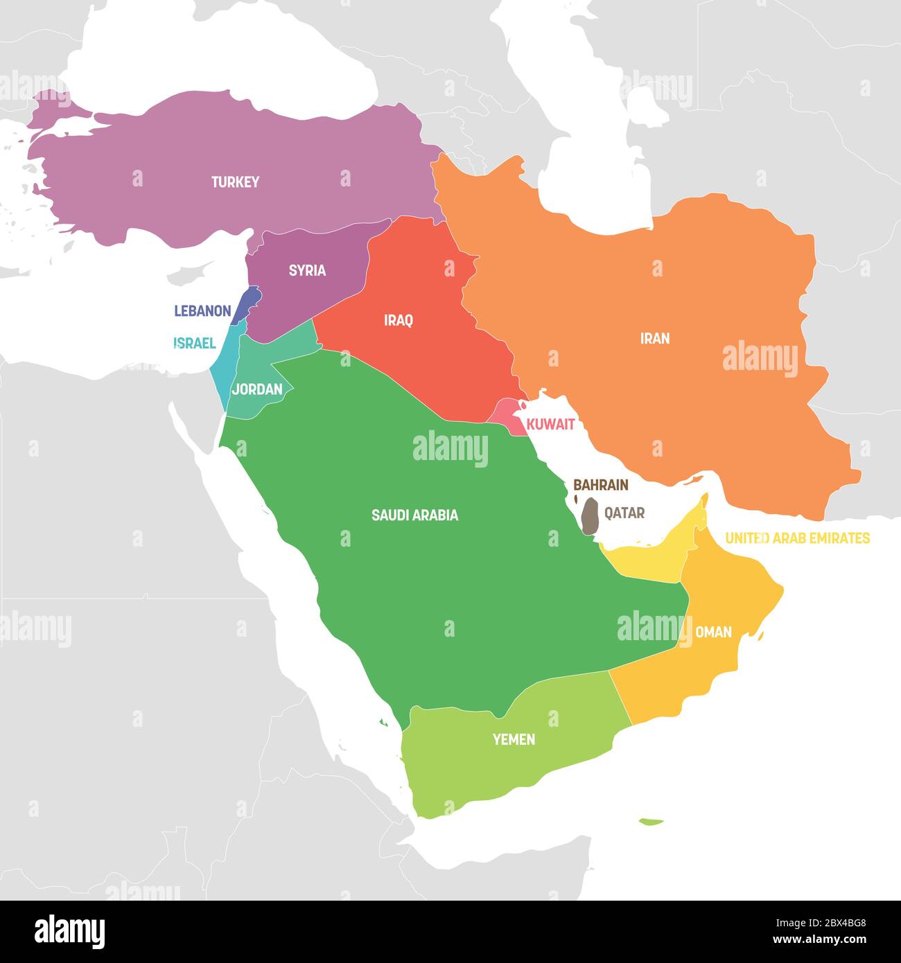 Regione Asia occidentale. Mappa colorata dei paesi dell'Asia occidentale o del Medio Oriente. Illustrazione vettoriale. Illustrazione Vettoriale