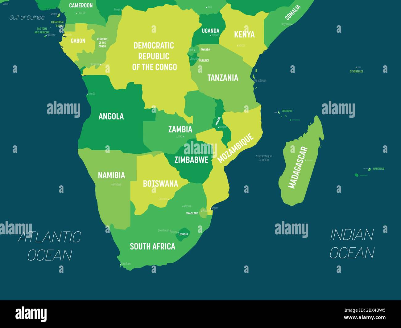 Mappa Del Sud Africa Tonalità Verde Su Sfondo Scuro Mappa Politica Dettagliata Della Regione 4695