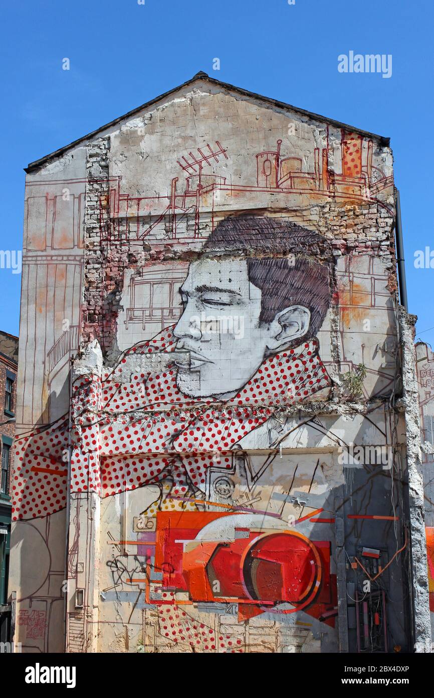 Urban Graffiti su Abandoned Building dell'artista scozzese Elph, Liverpool, UK Foto Stock