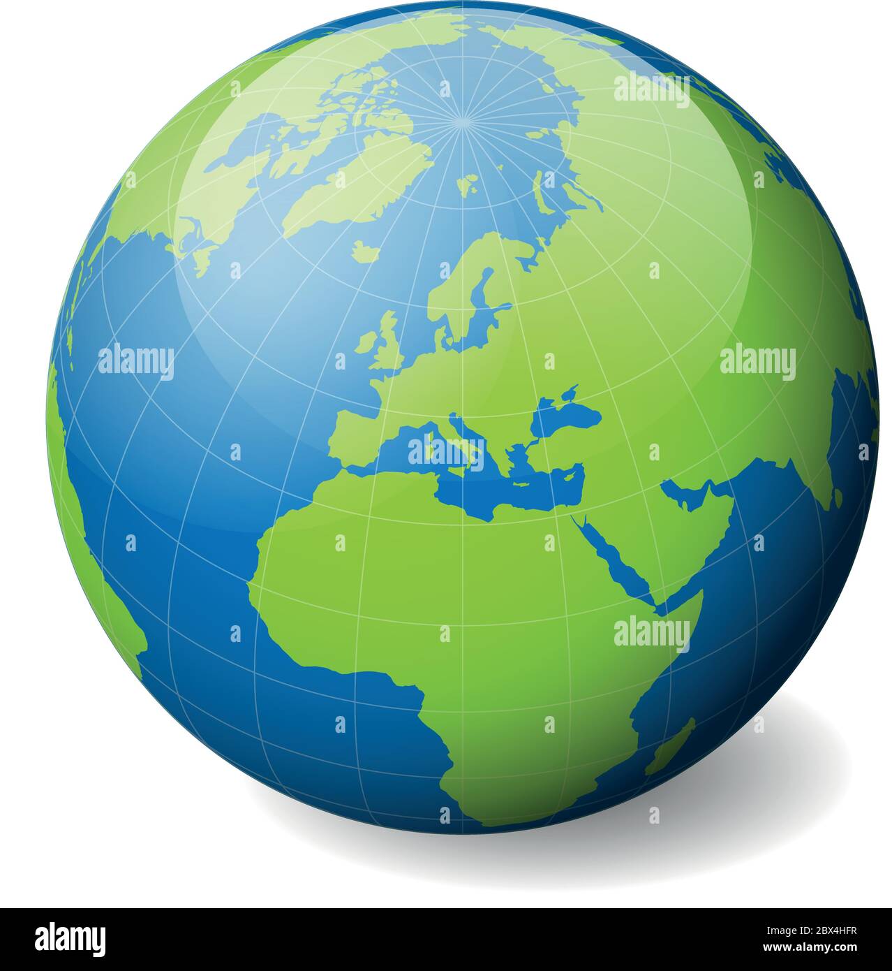Globo terrestre con mappa del mondo verde e mari blu e oceani focalizzati  sull'Europa. Con sottili meridiani bianchi e paralleli. Illustrazione  vettoriale 3D a sfera lucida Immagine e Vettoriale - Alamy