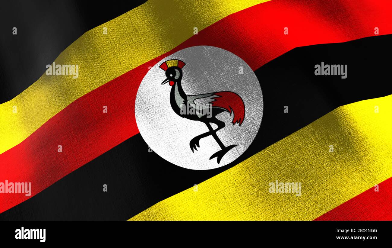 Bandiera Uganda sventolante. Animazione CGI senza interruzioni texture estremamente dettagliate in movimento lento cinematografico. Sfondo patriottico 3d del simbolo del paese o della gover Foto Stock