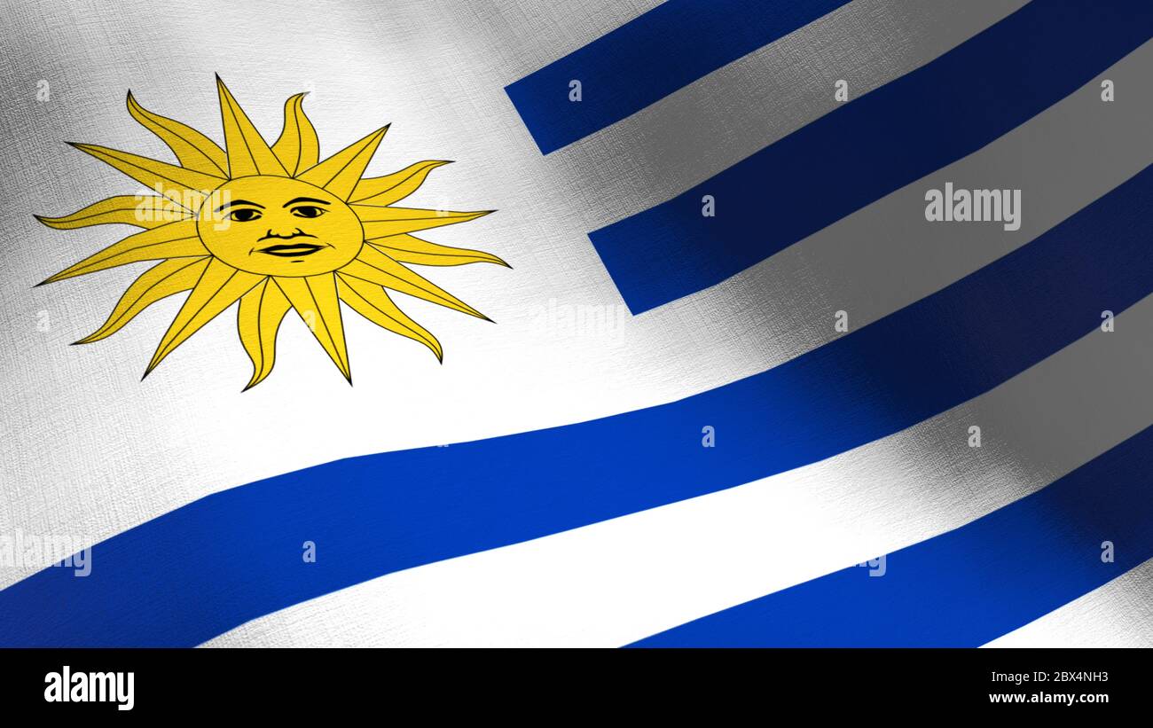 Bandiera dell'Uruguay. Animazione CGI senza interruzioni texture estremamente dettagliate in movimento lento cinematografico. Sfondo patriottico 3d del simbolo del paese o della divora Foto Stock