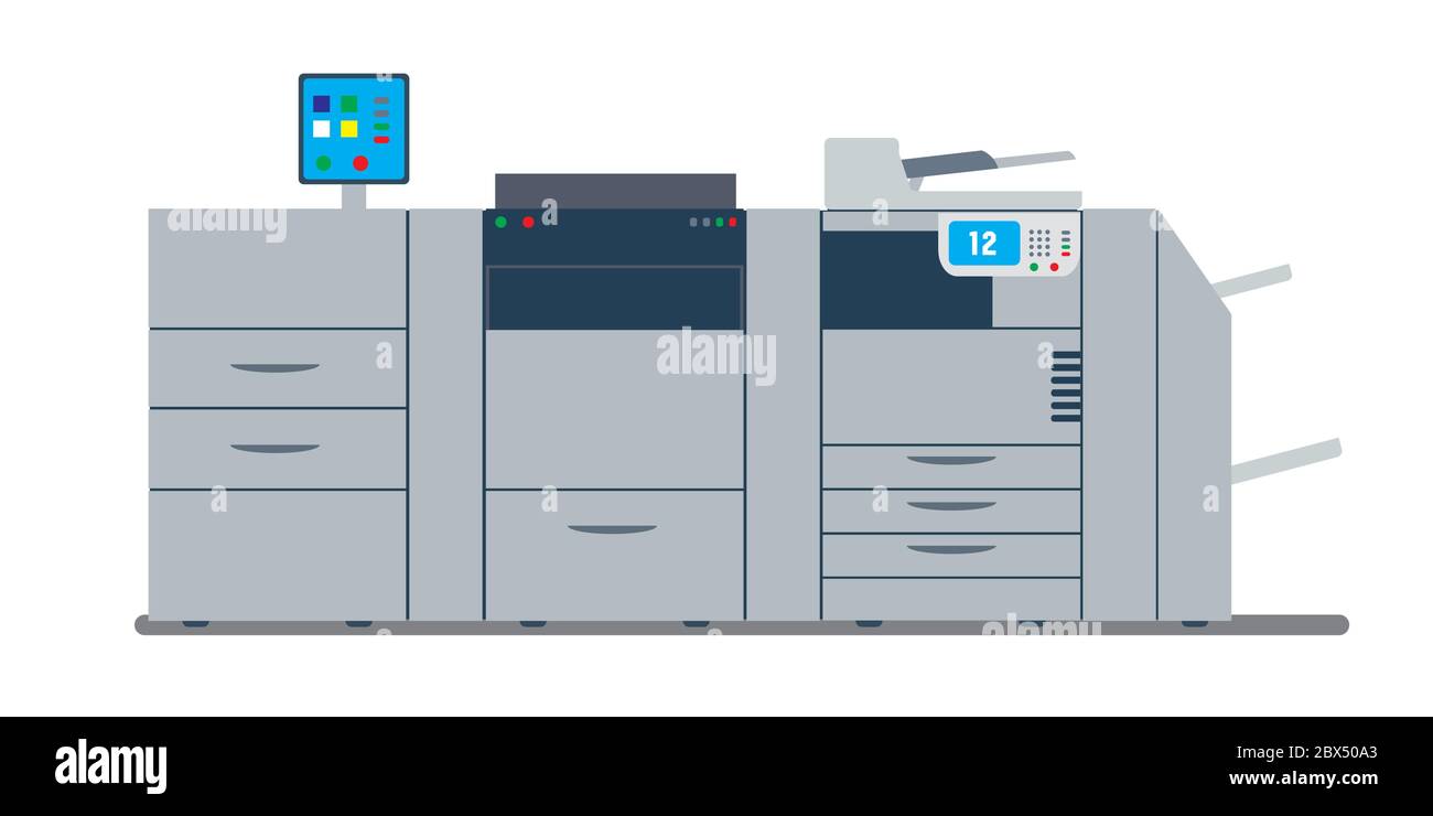 stampante e scanner multifunzione professionale per ufficio, fotocopiatrice o fotocopiatrice, isolati su sfondo bianco, illustrazione vettoriale piatta Illustrazione Vettoriale