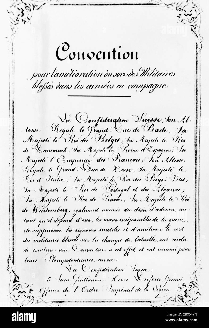 La prima pagina della Convenzione di Ginevra del 1864, che ha protetto e salvato innumerevoli vittime delle guerre combattute nel secolo scorso. Foto Stock