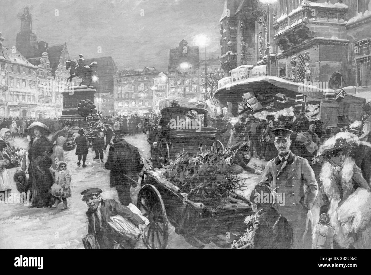 La foto mostra il mercatino di Natale sul ring di fronte al municipio di Breslau (oggi Breslavia). Sulla destra si trova l'ingresso alla Cantina di Schweidnitz, sulla sinistra la statua equestre di Federico il Grande. Dopo un dipinto di M. Gause del 1913. Foto Stock