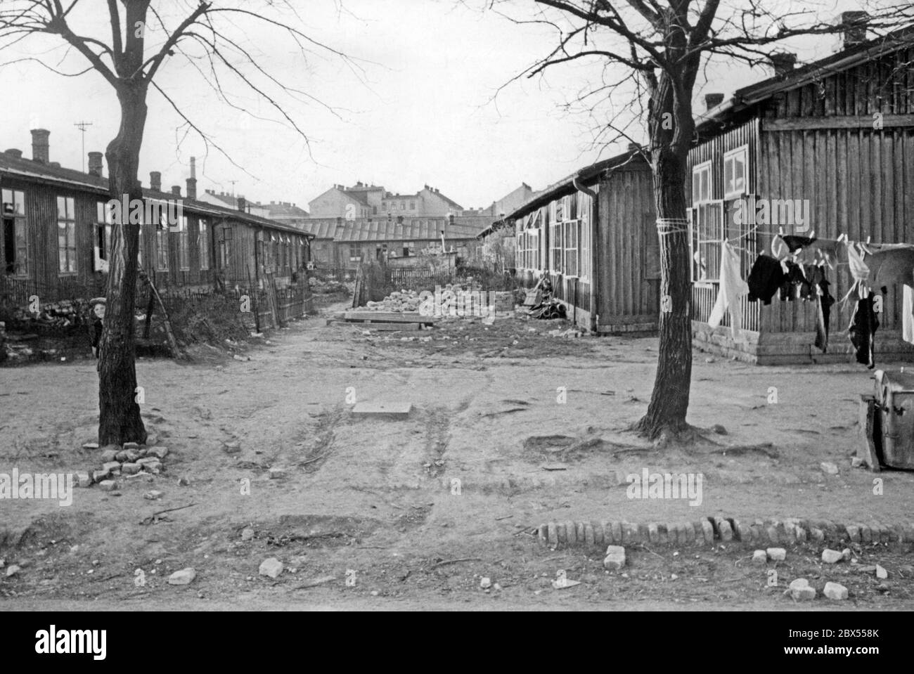 Vista della corte di alcune baraccie a Vienna. Un ragazzo si nasconde dietro l'albero sinistro, sulla destra appende un po' di bucato ad asciugare. Foto Stock