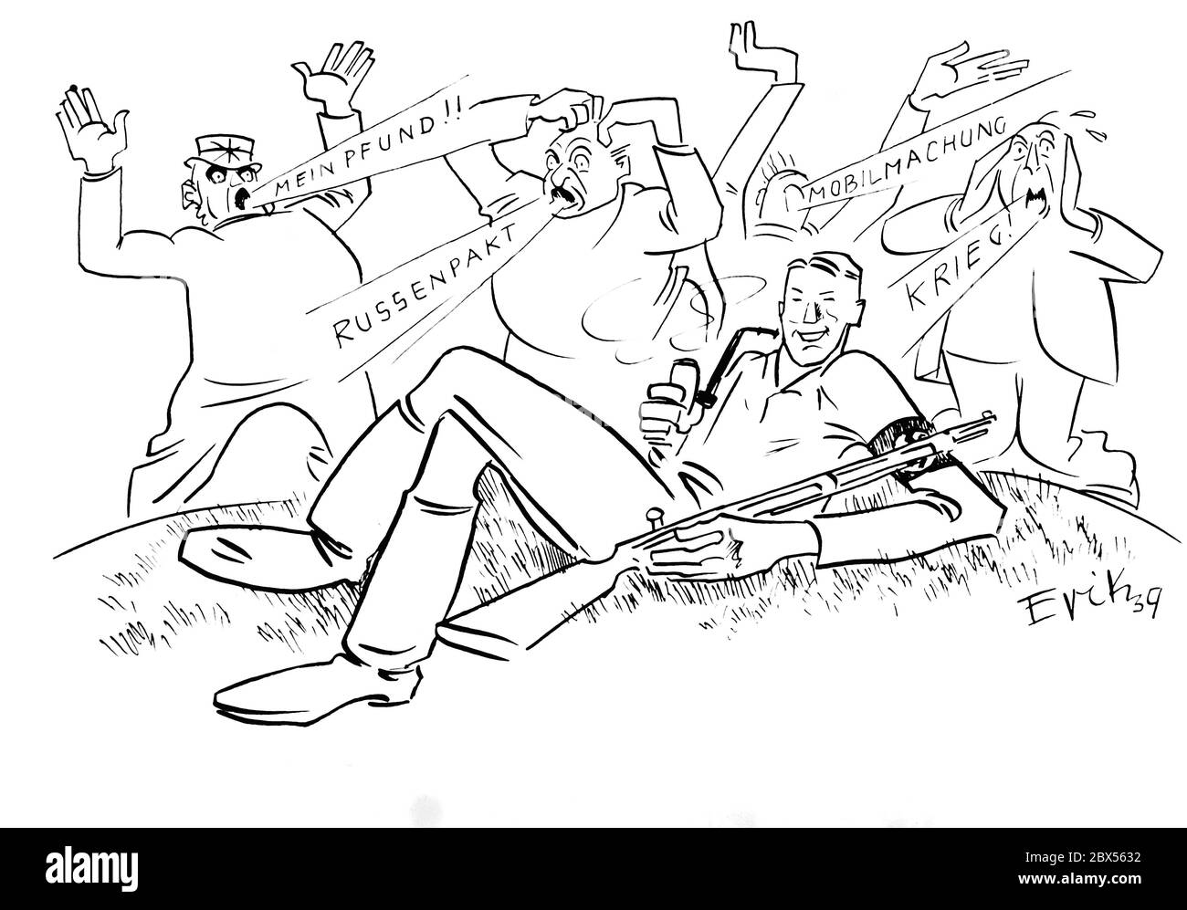 Una caricatura di Erik mostra un soldato tedesco che fuma un tubo in modo rilassato mentre tutti intorno a lui urla istericamente sulla guerra e la mobilitazione: 'Guerra dei nervi? - Ebbene, signori - non ho nervi...!". Foto Stock