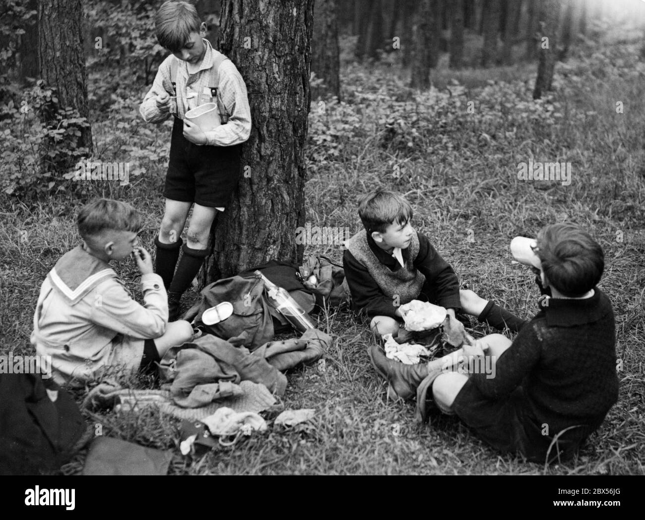 Gli studenti si fanno una pausa durante una scuola di uscita nella foresta. Foto Stock
