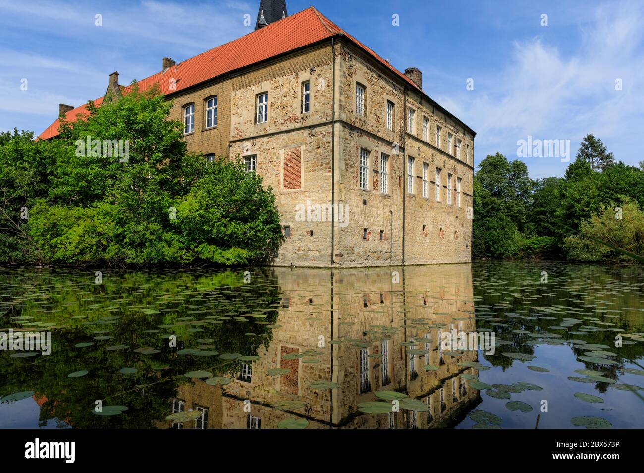 Castello Luedinghausen, Burg Lüdinghausen, esterno di edificio rinascimentale con fossato, quartiere Coesfeld, NRW, Germania Foto Stock