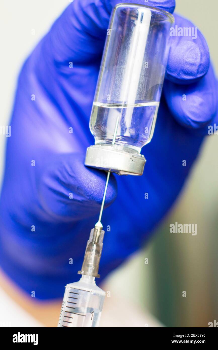 una mano in un guanto chirurgico medico blu raccoglie un vaccino da una fiala con una siringa Foto Stock