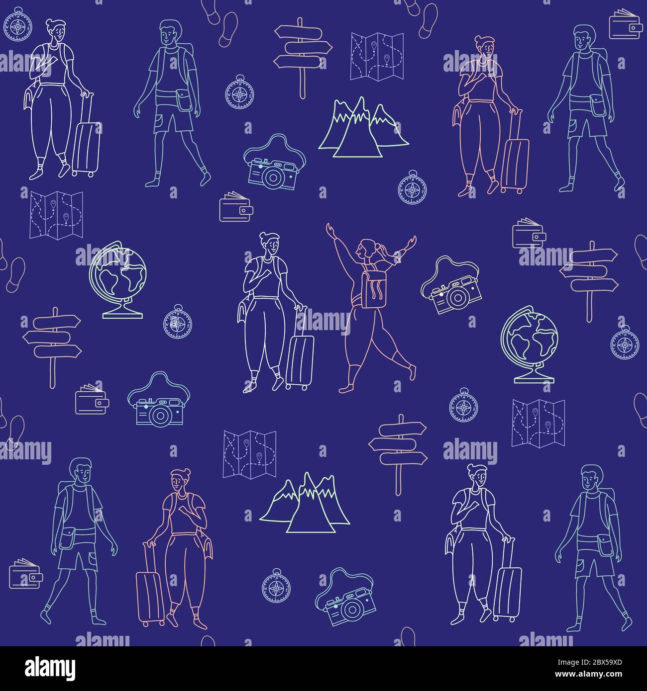 Modello senza cuciture. Turisti di ragazza e ragazzo. Montagne, mappe, fotocamere, globi su sfondo blu. Imballaggio, progettazione e stampa. Illustrazione vettoriale di Illustrazione Vettoriale