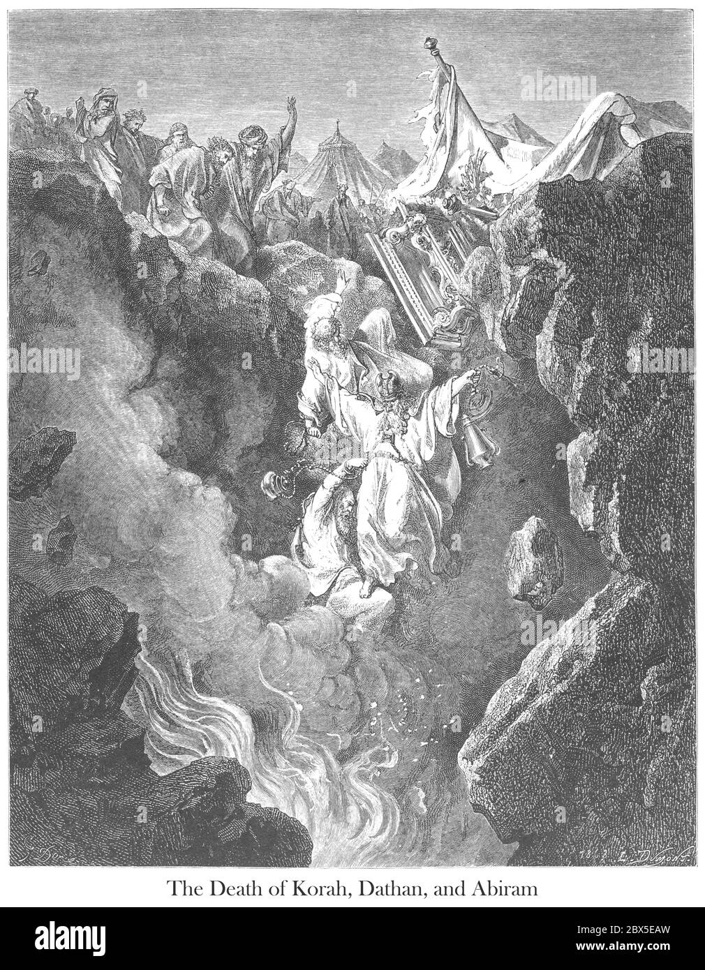 Morte di Korah, Dathan, e Abiram numeri 16:32 dal libro 'Bible Gallery' illustrato da Gustave Dore con memorie di Dore e descrittivo Letter-press di Talbot W. Chambers D.D. Pubblicato da Cassell & Company Limited a Londra e contemporaneamente da Mame a Tours, Francia nel 1866 Foto Stock