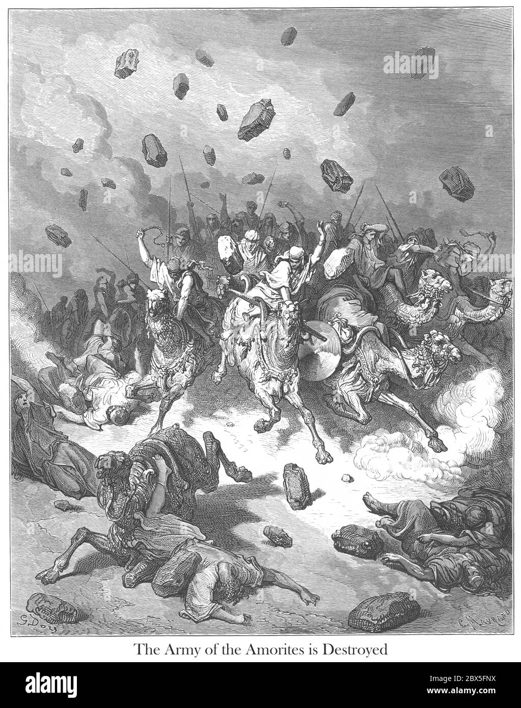Distruzione dell'Esercito degli Amoriti Giosuè 10:11 dal libro 'la Galleria della Bibbia' illustrato da Gustave Dore con memorie di Dore e Letter-press descrittivo di Talbot W. Chambers D.D. Pubblicato da Cassell & Company Limited a Londra e contemporaneamente da Mame a Tours, Francia nel 1866 Foto Stock