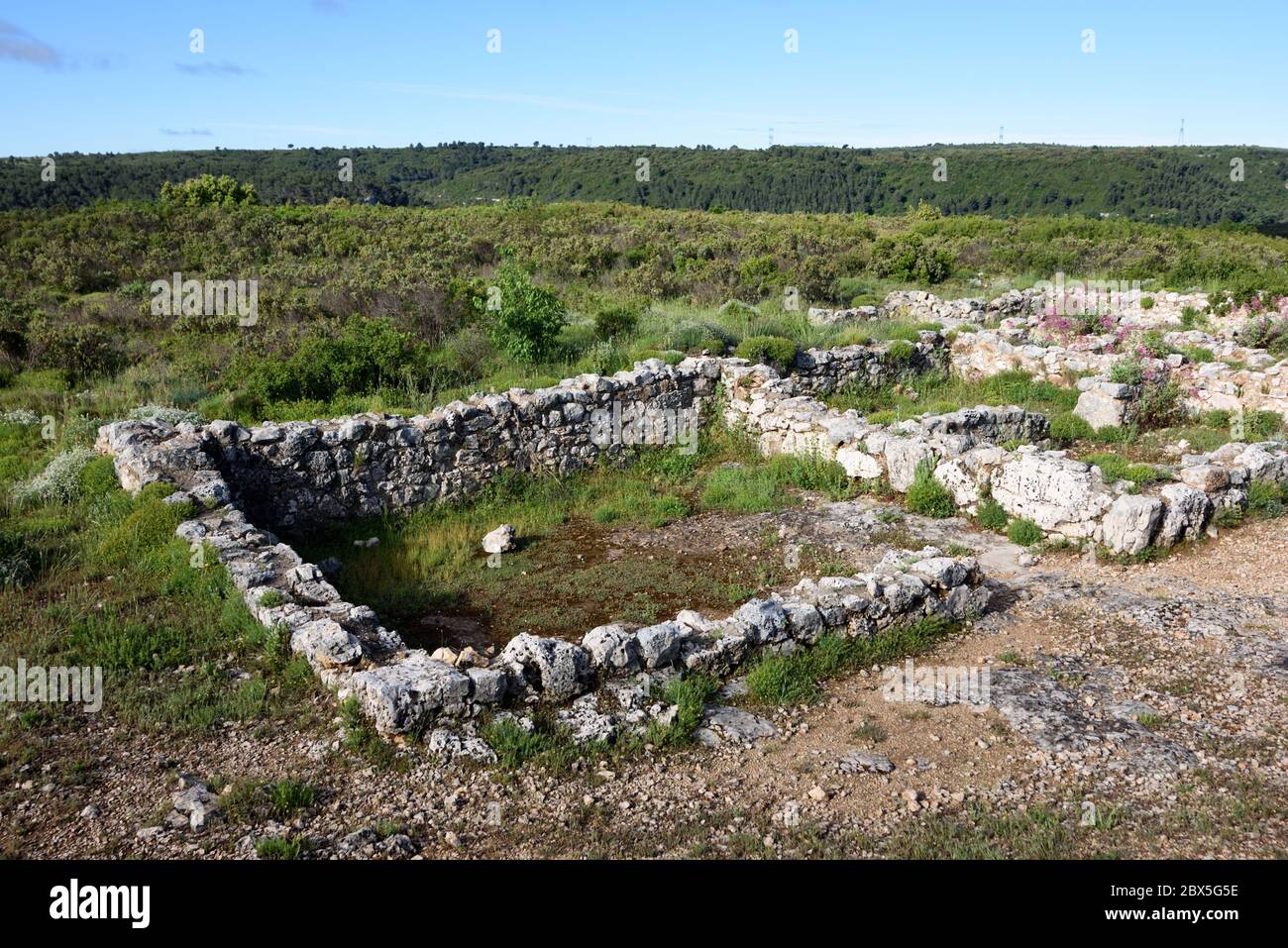 Rovine di Oppidum Celto-Ligure o villaggio gallico fortificato noto come Camp Marius che mostra il profilo di case di pietra sull'altopiano di Ventabren Provenza Francia Foto Stock