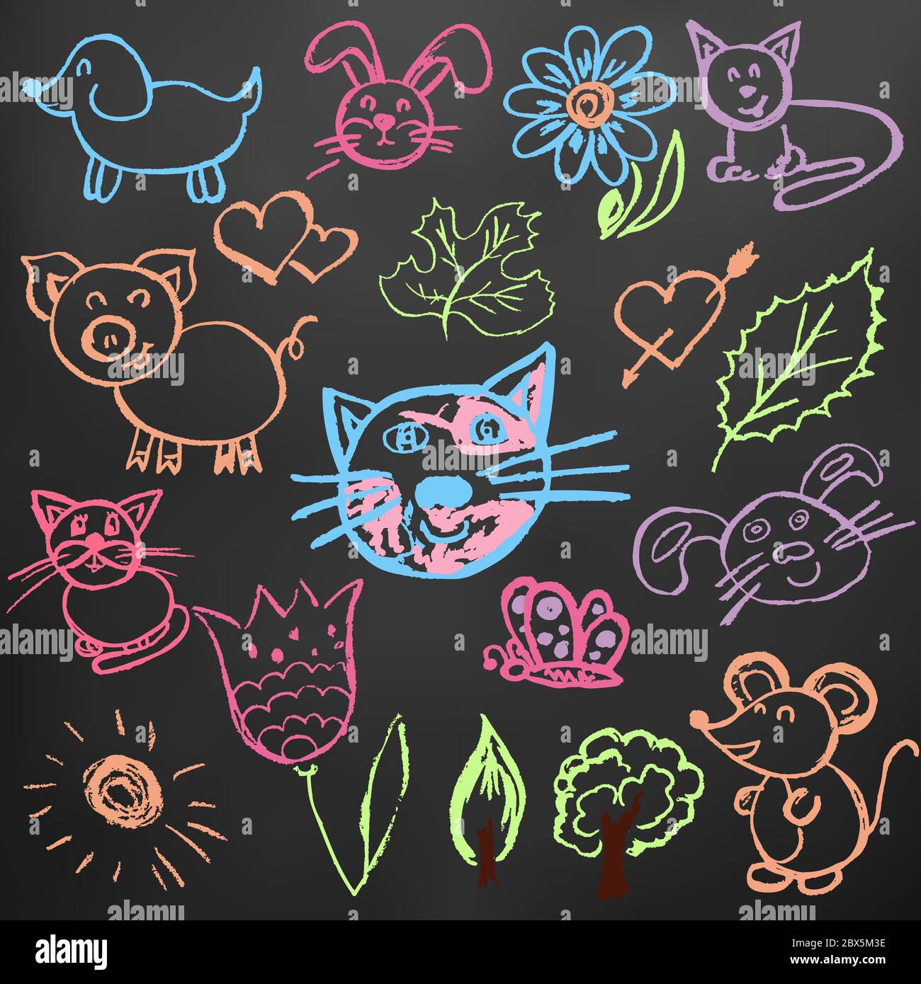 Disegno carino dei bambini. Pastelli di cera colorati su sfondo nero. Icone, segni, simboli, perni. Gatti, lepri, fiori alberi maiale Illustrazione Vettoriale