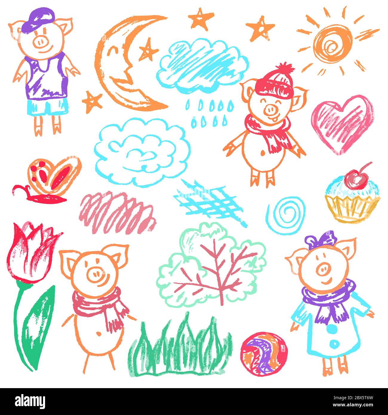 Disegno carino dei bambini. Pastelli di cera colorati. Icone, segni, simboli, perni. Cupcake, piggy fiore nuvole luna pioggia Illustrazione Vettoriale