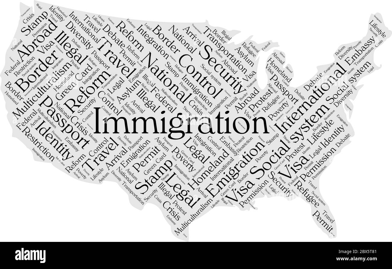 Concetto di cloud parola immigrazione in una forma di silhouette degli Stati Uniti. Testo nero sulla mappa grigia. Illustrazione Vettoriale