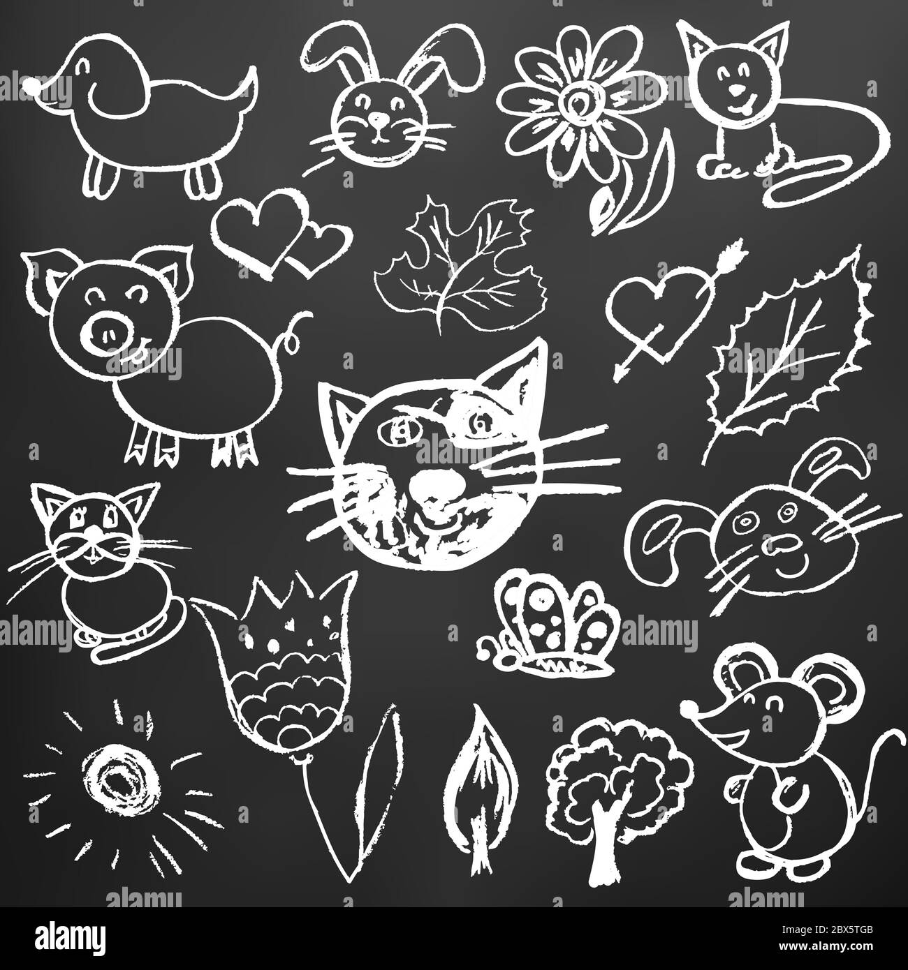 Disegno carino dei bambini. Gesso bianco su una lavagna nera. Icone, segni, simboli, perni. Gatti, lepri, fiori alberi maiale Illustrazione Vettoriale