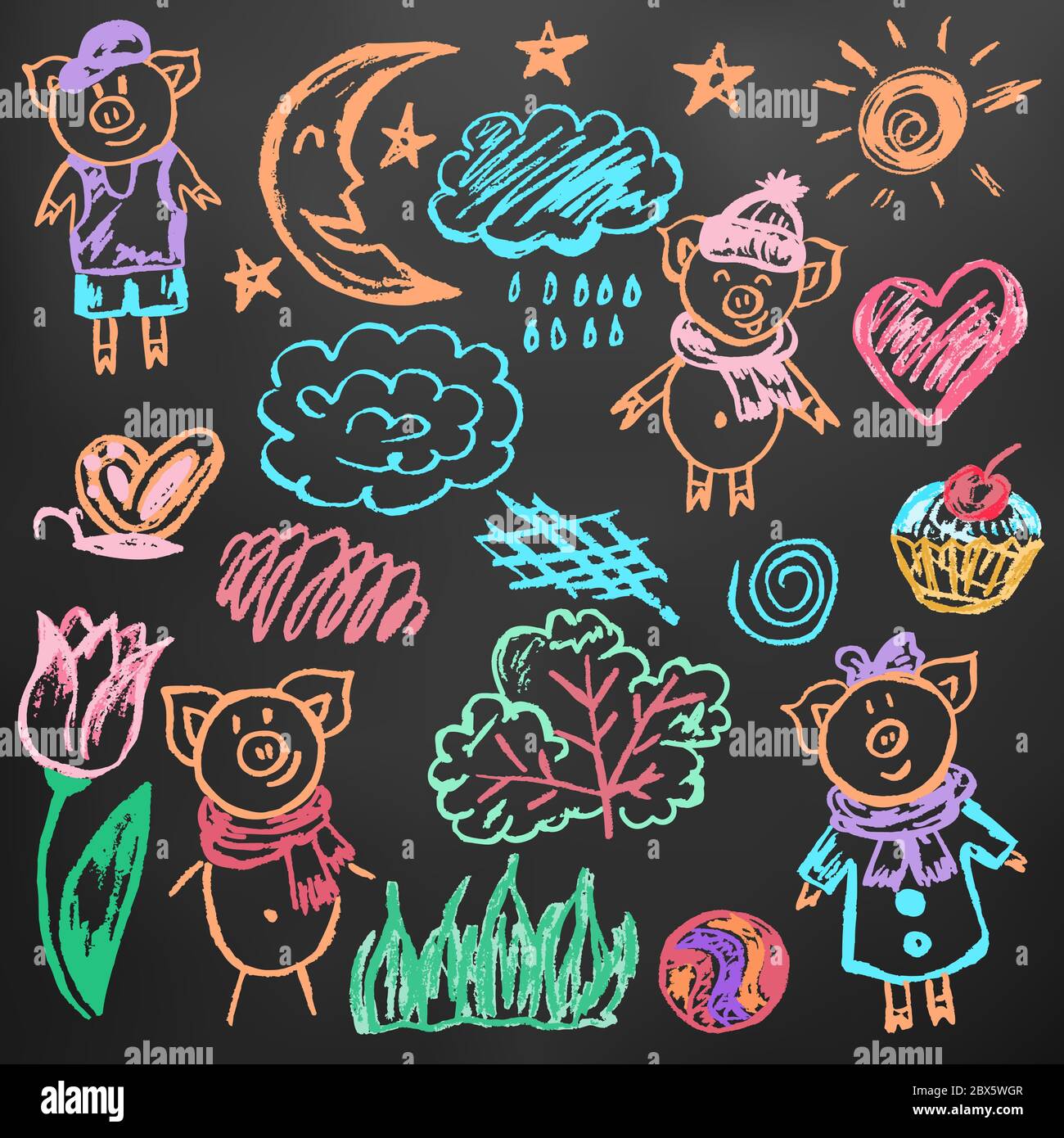 Disegno carino dei bambini. Pastelli di cera colorati su sfondo nero. Icone, segni, simboli, perni. Cupcake, nuvola di fiori piggy Illustrazione Vettoriale