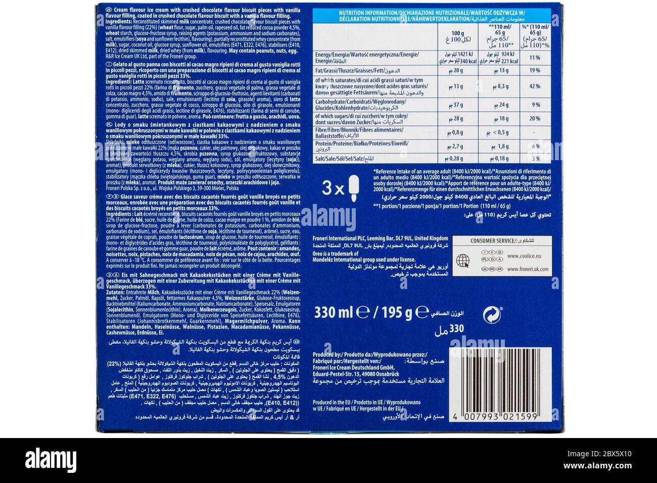 Elenco degli ingredienti, informazioni nutrizionali e consigli sulle  allergie su scatola di gelati Oreo in molte lingue diverse multilingue Foto  stock - Alamy