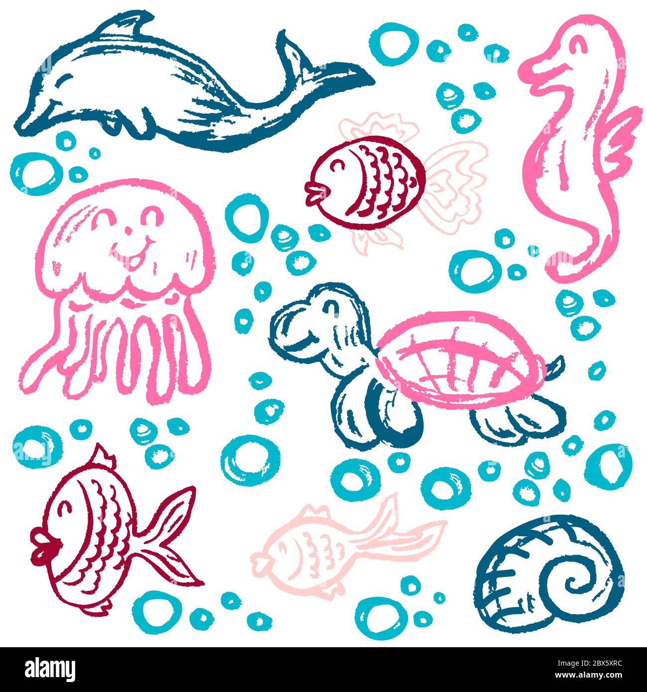 Disegno carino dei bambini. Pastelli di cera colorati. Icone, segni,  simboli, perni. Elementi marini. Pesce medusa tartaruga cavalluccio marino  Immagine e Vettoriale - Alamy