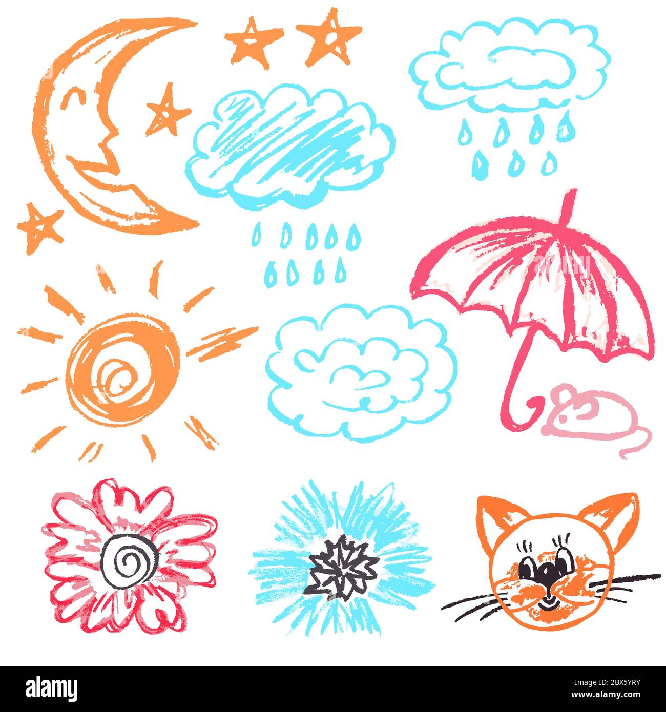 Disegno carino dei bambini. Pastelli di cera colorati. Icone, segni, simboli, perni. Nuvole, pioggia, stelle luna ombrello mouse fiori di gatto Illustrazione Vettoriale
