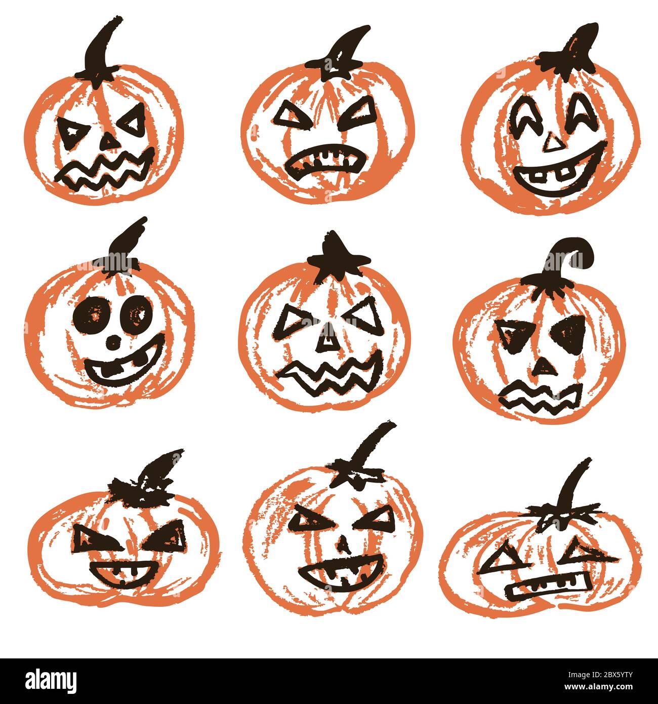 Halloween. Un set di zucche natalizie. Illustrazione vettoriale. Una raccolta di volti divertenti. Vacanze autunnali. Divertimento Illustrazione Vettoriale