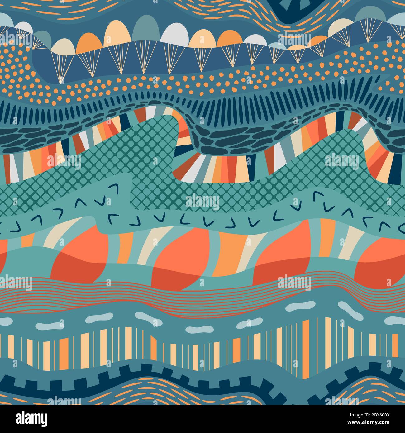 Astratto composizione artistica concetto di strati geologici: Linee fluenti, colline, rocce, acqua come onde ricci, paracadute in un cielo, forme geometriche. Illustrazione Vettoriale